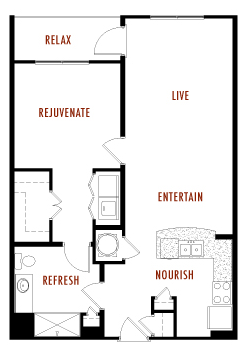 Floor plan for 1 bed, 1 bath, 892 sqft